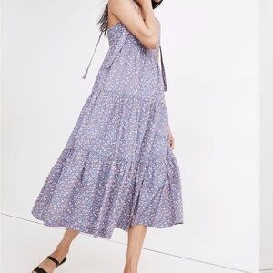 Madewell Blue Floral Tiered Midi Dress with Tie Straps